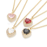 Brass Micro Pave Cubic Zirconia Pendant Necklaces, with Rhinestone and 304 Stainless Steel Cable Chains, Heart, Golden, Mixed Color, 17.72 inch(45cm)(NJEW-F281-07)