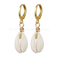 Natural Mixed Cowrie Shell Hoop Earrings, Brass Huggie Hoop Earring Findings, White, 37x10mm(EJEW-JE05777)