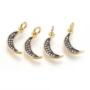 Brass Micro Pave Cubic Zirconia Charms, with Jump Ring, Moon, Clear, Gunmetal & Golden, 15x8x2mm, Hole: 2.5mm(ZIRC-G150-12A)