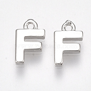 Brass Charms, Letter, Nickel Free, Real Platinum Plated, Letter.F, 8.5x5x1.5mm, Hole: 0.8mm(KK-S350-167F-P)