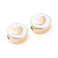 Brass Enamel Beads, Long-Lasting Plated, Flat Round with Heart, White, Real 18K Gold Plated, 11x5mm, Hole: 1.8mm(KK-F814-06G)