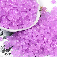 Transparent Colours Glass Seed Beads, Donut, Violet, 6.5x3mm, Hole: 1.8mm, about 1363pcs/pound(SEED-P008-01B-04)