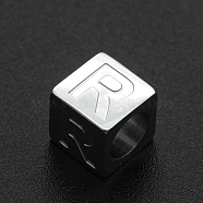 201 Stainless Steel European Beads, Large Hole Beads, Horizontal Hole, Cube, Stainless Steel Color, Letter.R, 7x7x7mm, Hole: 5mm(STAS-N090-LA062-R)