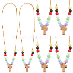 Wood Cross with Acrylic Beaded Pendant Necklaces for Women, Colorful, 18.50~31.50 inch(47~80cm)(NJEW-AB00014)