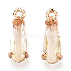 Faceted Glass Pendants, with Golden Tone Brass Open Back Settings, Teardrop, Champagne Yellow, 14.5x4.5x4mm, Hole: 1.2mm(GLAA-T010-004I)