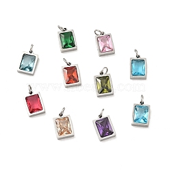 304 Stainless Steel Pendants, with Cubic Zirconia and Jump Rings, Single Stone Charms, Rectangle, Stainless Steel Color, Mixed Color, 11.5x8x3.5mm, Hole: 3.6mm(STAS-D189-03P-B)