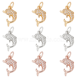 9Pcs 3 Colors Brass Micro Pave Cubic Zirconia Charms, with Jump Rings, Dolphin, Clear, Mixed Color, 14x9x2.5mm, Jump Rings: 4.8x0.8mm, 3.2mm Inner Diameter, 3pcs/color(ZIRC-BBC0001-34)
