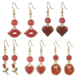 Valentine's Day Alloy Enamel Dangle Earrings with Brass Pins, Mixed Shapes, Red, 41~50x9~18.5mm(EJEW-JE05331)