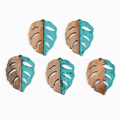 Transparent Resin & Walnut Wood Pendants, with Gold Foil, Leaf, Dark Turquoise, 37x28x3mm, Hole: 2mm(RESI-S389-003A-B03)