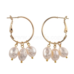 Brass Hoop Earrings, with Shell Pearl Beads, Golden, 46x25mm, Pin: 0.6mm(EJEW-JE04273)