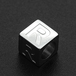 Non-Tarnish 201 Stainless Steel European Beads, Large Hole Beads, Horizontal Hole, Cube, Stainless Steel Color, Letter.R, 7x7x7mm, Hole: 5mm(STAS-N090-LA062-R)