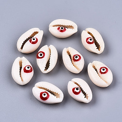 Natural Cowrie Shell Beads, with Enamel, No Hole/Undrilled, Evil Eye, Red, 18~22x13~14x6~8mm(SHEL-S266-23G)