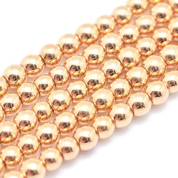 Electroplate Non-magnetic Synthetic Hematite Beads Strands, Grade AAA, Long-Lasting Plated, Round, Light Gold Plated, 3mm, Hole: 1mm, about 140pcs/strand, 15.7 inch(40cm)