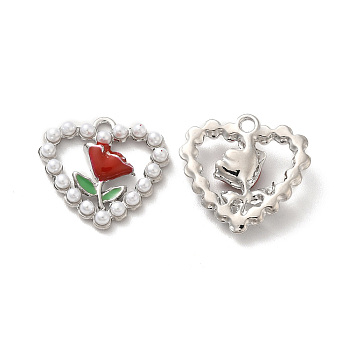 Rack Plating Alloy Enamel Pendants, with Imitation Pearl Beaded, Nickel Free, Heart with Flower Charms, Platinum, 18x18x4mm, Hole: 1.6mm