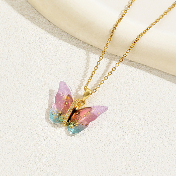 Plastic Butterfly Pendant Necklace with Golden Stainless Steel Chains, Pink, 13.78 inch(35cm)