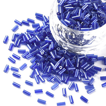 Transparent Colours Luster Glass Bugle Beads, Round Hole, Royal Blue, 3~8x2mm, Hole: 0.7mm, about 450g/pound