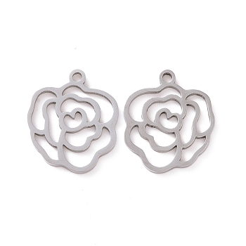 Hollow 201 Stainless Steel Pendants, Rose Charms, Stainless Steel Color, 17.5x14x1mm, Hole: 1.5mm