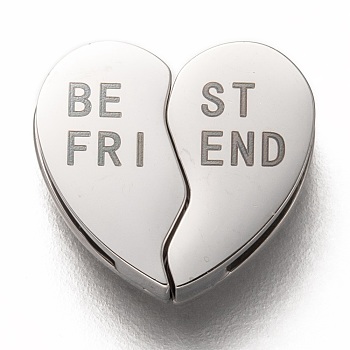 304 Stainless Steel Split Slide Charms, Heart with Word Best Friend, Stainless Steel Color, 12x13x3.5mm, Hole: 7.5x1mm