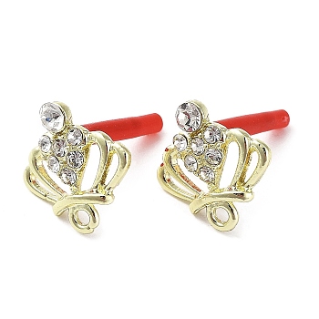 Rack Plating Golden Alloy Stud Earrings Finding, with Rhinestone & Horizontal Loops and 304 Stainless Steel Pin, Crown, Cadmium Free & Nickel Free & Lead Free, Crystal, 15.5x15.5mm, Hole: 1.5mm, Pin: 0.6mm