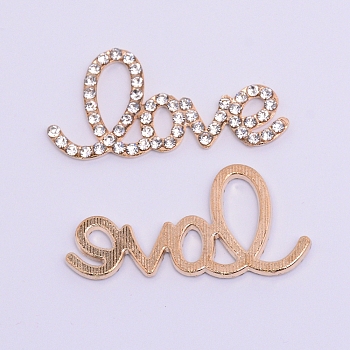 Alloy Rhinestone Cabochons, Word with Love, Cadmium Free & Lead Free, Champagne Gold, 22x45x2.5mm
