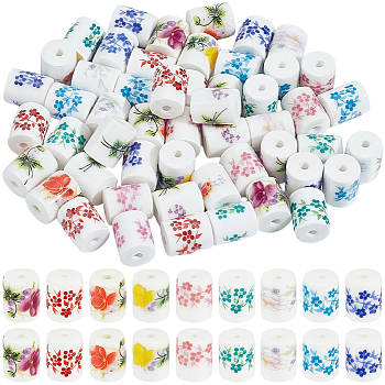 54Pcs Handmade Porcelain Beads, Printed, Column with Flower Pattern, Mixed Color, 10~10.5x8mm, Hole: 2mm, 6Pcs/Colors, 9 Colors