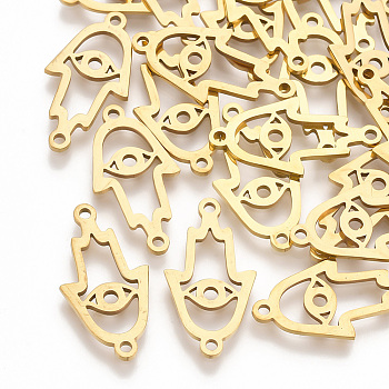 201 Stainless Steel Links connectors, Laser Cut Links, Hamsa Hand/Hand of Fatima/Hand of Miriam with Eye, Golden, 22x11.5x1mm, Hole: 1.4mm