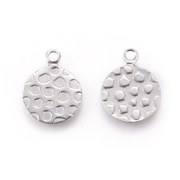 304 Stainless Steel Charms, Flat Round, Bumpy, Stainless Steel Color, 15.5x12x0.8mm, Hole: 1.8mm