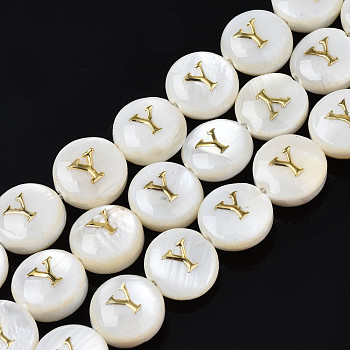 Natural Freshwater Shell Beads, with Golden Enamel, Horizontal Hole, Flat Round with Alphabet, Seashell Color, Letter.Y, 8x3.5~4.5mm, Hole: 0.5mm, about 40pcs/strand, 12.20~12.60inch(31~32cm)