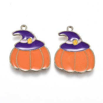 Autumn Theme Alloy Enamel Pendants, Orange Pumpkin with Purple Magic Hat, Light Gold, 22x18.5x1.5mm, Hole: 1.6mm