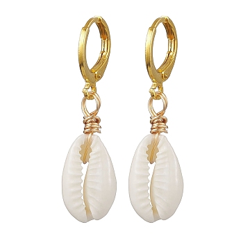 Natural Mixed Cowrie Shell Hoop Earrings, Brass Huggie Hoop Earring Findings, White, 37x10mm