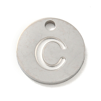 304 Stainless Steel Pendants, Laser Cut, Flat Round with Letter Charm, Stainless Steel Color, Letter C, 10x1mm, Hole: 1.4mm