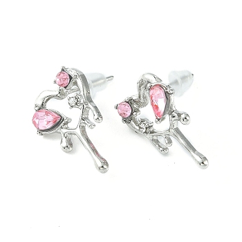 Alloy Stud Earring, with Acrylic Rhinestone, Melting Heart Ear Stud for Women, Pink, 18x11.5mm, Pin: 0.7mm