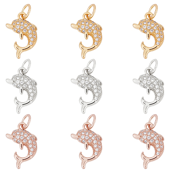 9Pcs 3 Colors Brass Micro Pave Cubic Zirconia Charms, with Jump Rings, Dolphin, Clear, Mixed Color, 14x9x2.5mm, Jump Rings: 4.8x0.8mm, 3.2mm Inner Diameter, 3pcs/color