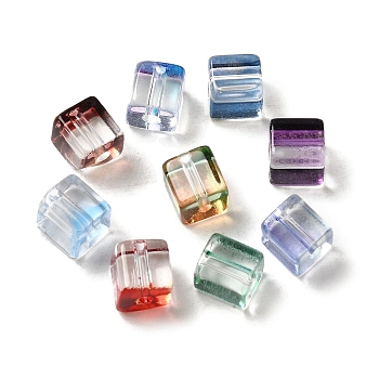 Two Tone Transparent Glass Beads, Cube, Mixed Color, 6x6x7mm, Hole: 1.4mm