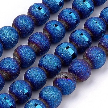 Electroplate Glass Bead Strands, Frosted Style, Round, Blue Plated, 8mm, Hole: 1.5mm, about 72pcs/strand, 24.8 inch