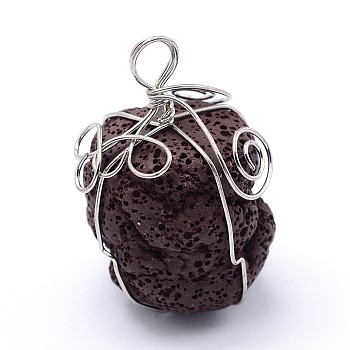 Irregular Synthetic Lava Rock Big Pendants, with Platinum Plated Brass Findings, Dyed, Coconut Brown, 48x31x33mm, Hole: 6.5mm