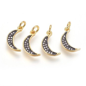 Brass Micro Pave Cubic Zirconia Charms, with Jump Ring, Moon, Clear, Gunmetal & Golden, 15x8x2mm, Hole: 2.5mm
