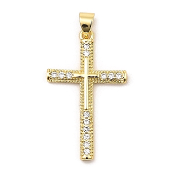 Brass Micro Pave Cubic Zirconia Pendants, Real 16K Gold Plated, Cross, Clear, 31.5x19x2.5mm, Hole: 4x3.5mm