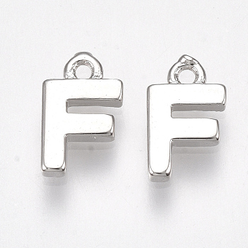 Brass Charms, Letter, Nickel Free, Real Platinum Plated, Letter.F, 8.5x5x1.5mm, Hole: 0.8mm