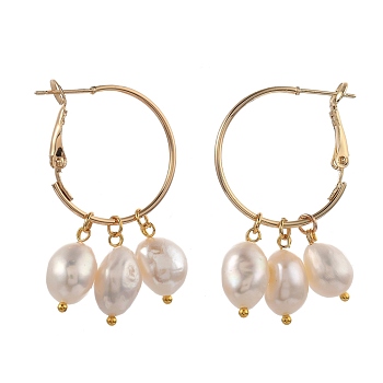 Brass Hoop Earrings, with Shell Pearl Beads, Golden, 46x25mm, Pin: 0.6mm