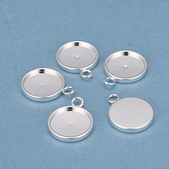 201 Stainless Steel Pendant Cabochon Settings, Plain Edge Bezel Cups, Flat Round, Silver, Tray: 12mm, 18x14x2mm, Hole: 2.5mm