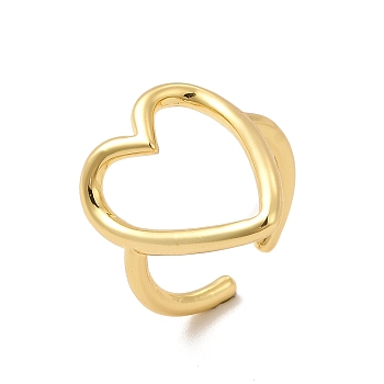 Rack Plating Brass Heart Open Cuff Rings, Hollow Rings for Women, Long-Lasting Plated, Cadmium Free & Lead Free, Real 18K Gold Plated, US Size 7 1/4, Inner Diameter: 17.5mm, 2mm, Heart: 23.5x18mm
