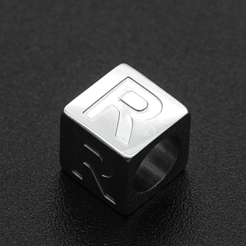 201 Stainless Steel European Beads, Large Hole Beads, Horizontal Hole, Cube, Stainless Steel Color, Letter.R, 7x7x7mm, Hole: 5mm