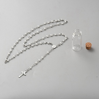 Alloy & Plastic Pearl Rosary Bead Necklaces, with Glass Cork Bottle, Platinum, 25.31 inch(64.3cm)