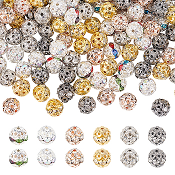 300Pcs 6 Colors Alloy Rhinestone Beads, Hollow, Round, Mixed Color, 8x7.5mm, Hole: 1mm, 50Pcs/color
