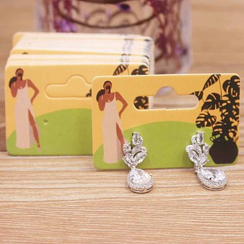 Rectangle Paper One Pair Earring Display Cards with Hanging Hole, Jewelry Display Cards for Earring Storage, Women Pattern, 3.5x5x0.05cm, Hole: 1mm and 24x9mm