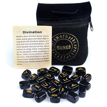 25Pcs Rectangle with Elder Futhark Alphabet Engraved Symbol Natural Obsidian Rune Stones, Divination Stone, with Flannelette Bag, 105x80mm