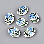 Handmade Porcelain Beads, Hand Painted Ceramic Beads, Famille Rose Porcelain, Oval & Flower, Cornflower Blue, 21~22x16~17x6~7mm, Hole: 1.5~1.8mm(PORC-T134-04B)