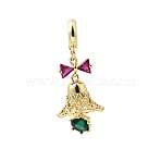 Brass Micro Pave Cubic Zirconia European Dangle Charms, Large Hole Pendants, Christmas Bell, Rack Plating, Long-Lasting Plated, Cadmium Free & Lead Free, Real 18K Gold Plated, Colorful, 35mm, Hole: 5.5mm(KK-L258-07G-02)