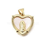 Virgin Mary Theme Brass & Natural Shell Pendants, Flat Round & Heart Charms, Real 16K Gold Plated, Real 16K Gold Plated, 16.5x16.5x3mm, Hole: 4.5x3.5mm(SH-CBA7C77-01A-G01)